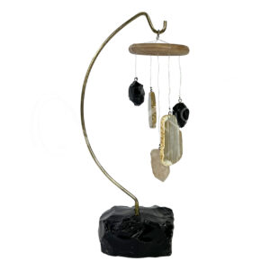 Agate Slices with Crystal Quartz Point Table Chime on Black Obsidian Base