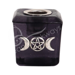 Mini Black Glass Cube Candle Holder with Pentacle & Triple Moon Charm.