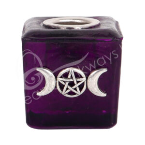 Mini Purple Glass Cube Candle Holder with Pentacle & Triple Moon Charm