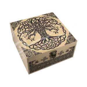 Wooden storage box featuring a laser-engraved Tree of Life design and a single drawer.