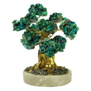 Chrysocolla Chips Gem Tree with Pyrite Chips on White Onyx Base.