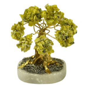 Serpentine Chips Gem Tree with Pyrite Chips on White Onyx Base.