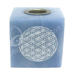 Angelite Cube-Shaped Mini Candle Holder with Flower of Life Design