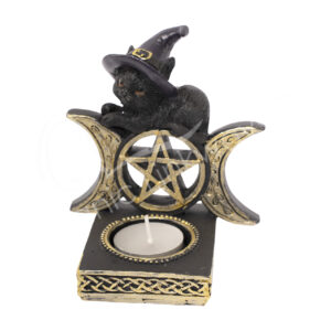 Black Cat, Triple Moon & Pentacle Tealight Candle Holder 4.15"L X 3.35"W